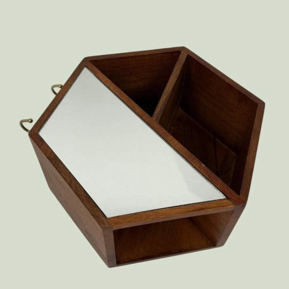 Hexagon Wood Wall Shelf with Mirror and Brass Hooks Geometric Entryway Decor